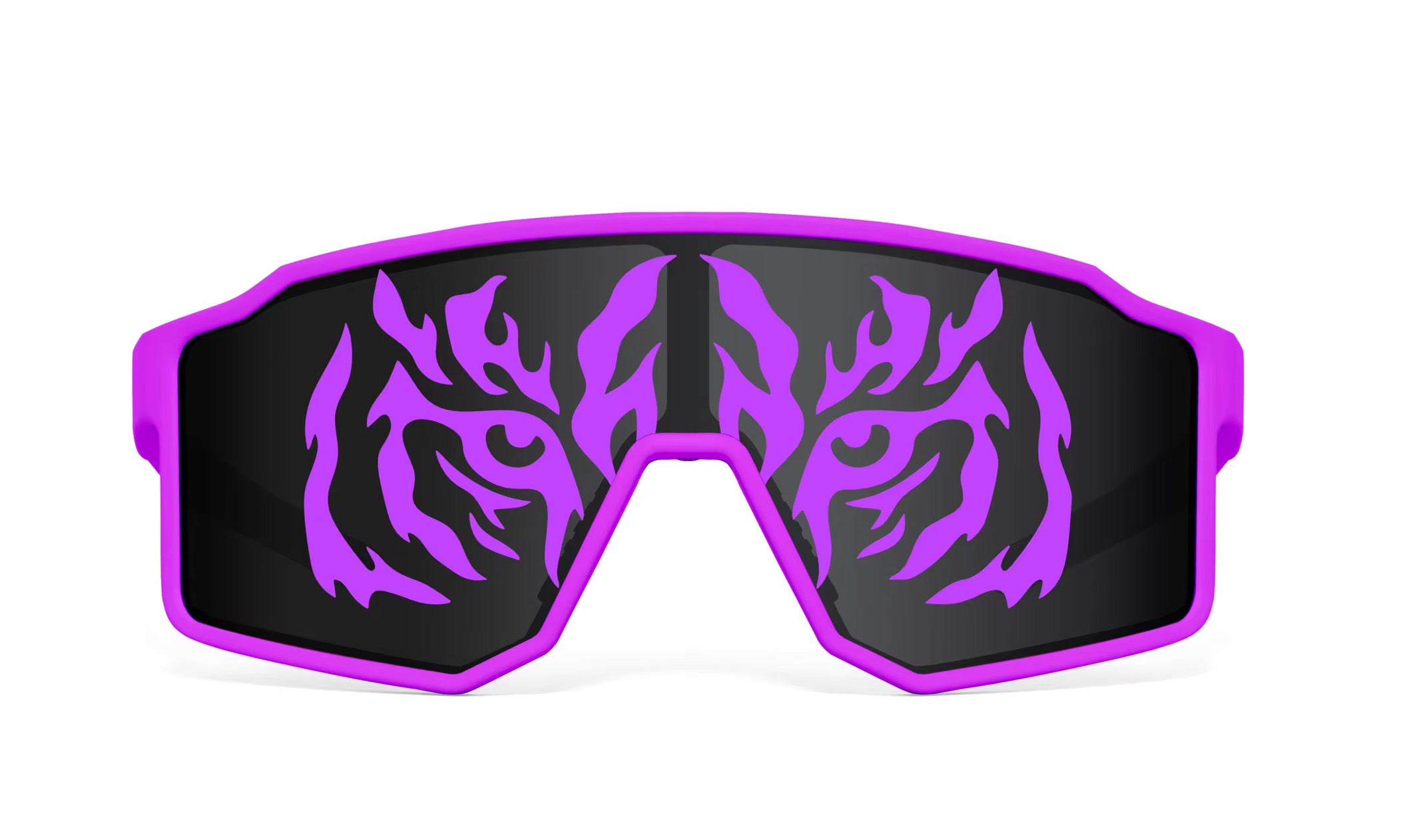 "MACHO MAN" Bayou Bengal Tiger Eye Sunglasses — Purple Shield Lens