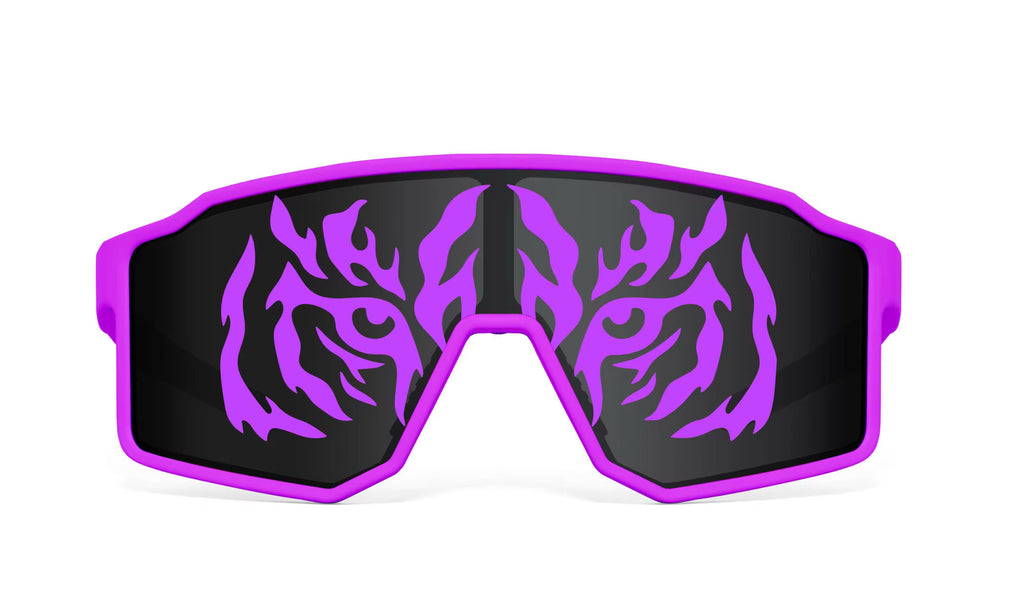 "MACHO MAN" Bayou Bengal Tiger Eye Sunglasses — Purple Shield Lens